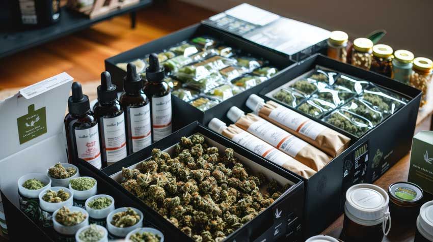 A curated spread of cannabis products - tinctures, flower, edibles, and topicals - representing the Hibbing Dispensary collection.