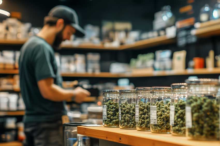 A budtender assists customers behind a counter lined with labeled jars of cannabis flower.
