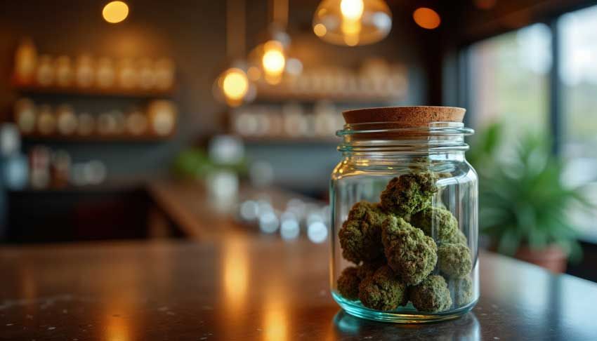 A cork-topped apothecary jar of cannabis flower on a dispensary counter with warm pendant lighting.