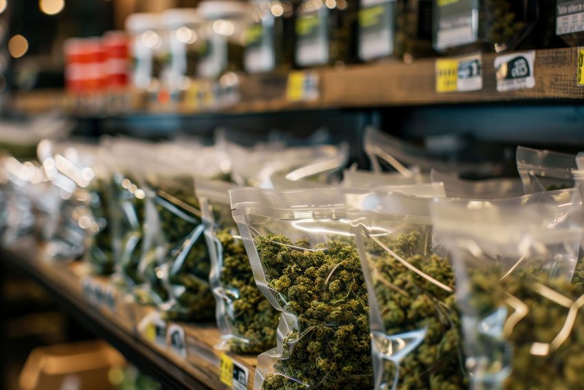 Dispensary shelves stocked with sealed bags of cannabis flower under warm retail lighting.