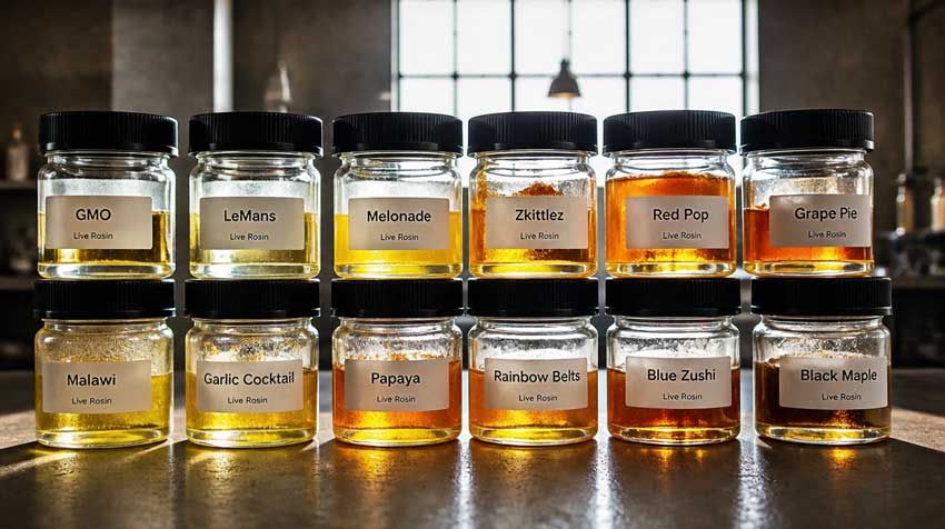 Twelve labeled jars of strain-specific live rosin concentrates arranged in two rows.