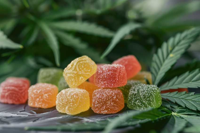 Sugar-dusted THC gummies in assorted fruit flavors resting on cannabis leaves.